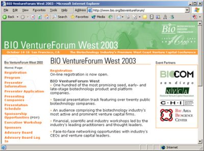 Bio Venture Forum West 2003 Conference web site